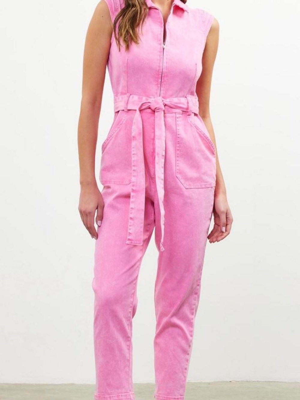 Hot pink cap sleeve zip denim jumpsuit